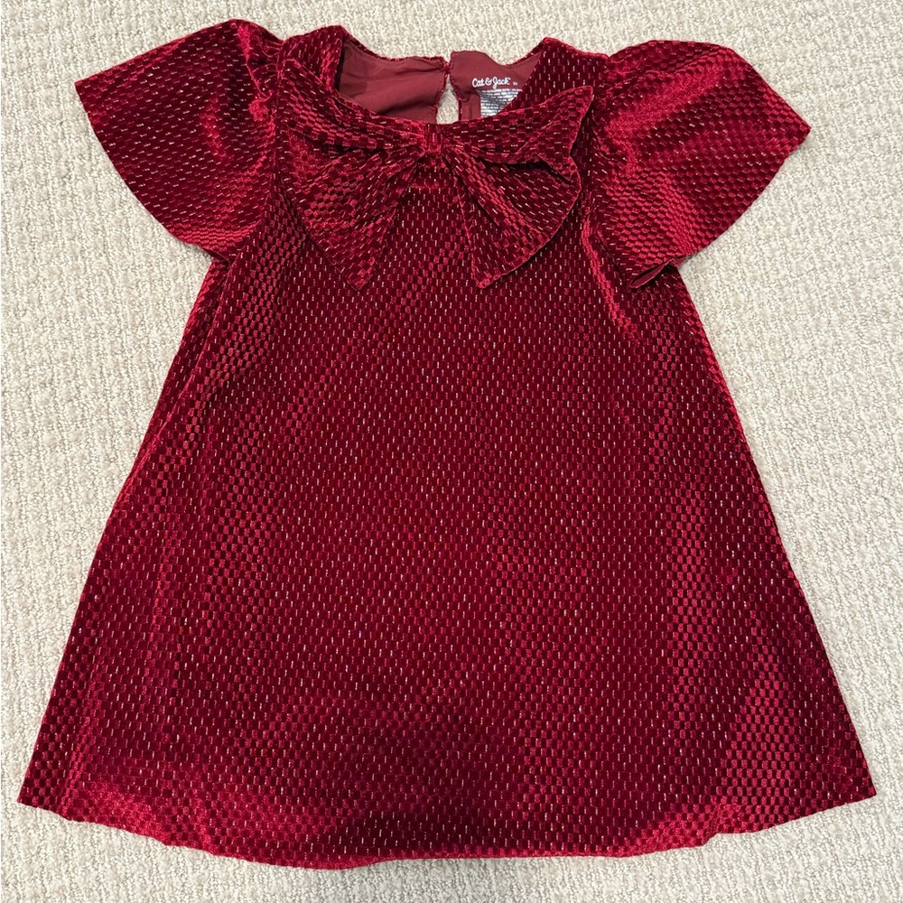 Cat & Jack Girls Velvet Bow Holiday Dress Burgundy Red 3T